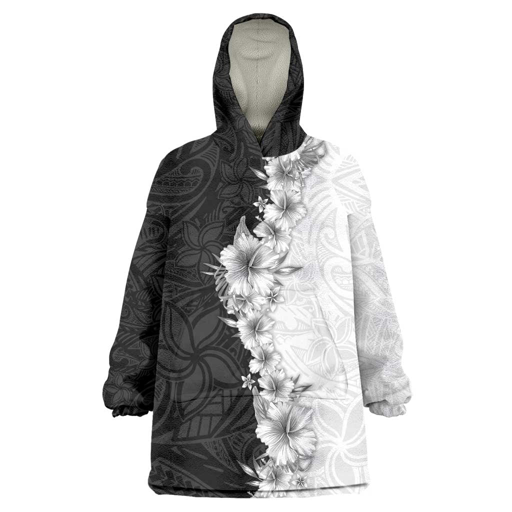 Hawaii Hibiscus Flowers Wearable Blanket Hoodie Grayscale Polynesian Pattern LT05 One Size Black - Polynesian Pride