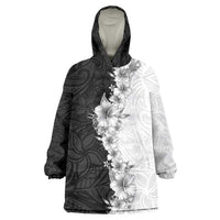 Hawaii Hibiscus Flowers Wearable Blanket Hoodie Grayscale Polynesian Pattern LT05 One Size Black - Polynesian Pride