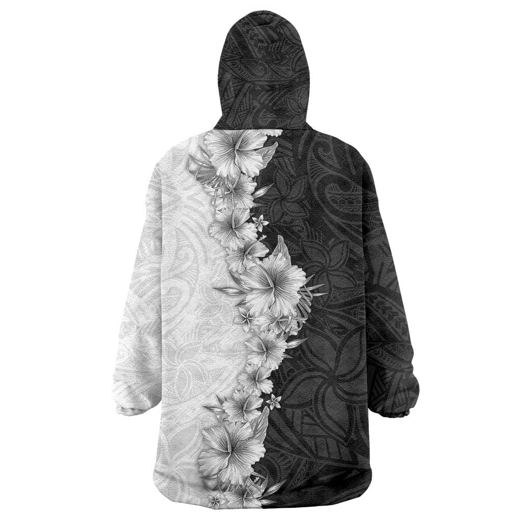 Hawaii Hibiscus Flowers Wearable Blanket Hoodie Grayscale Polynesian Pattern LT05 - Polynesian Pride