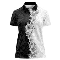 Hawaii Hibiscus Flowers Women Polo Shirt Grayscale Polynesian Pattern LT05 Female Black - Polynesian Pride