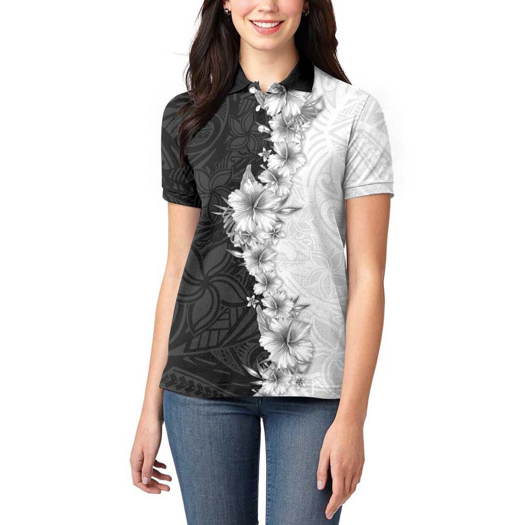 Hawaii Hibiscus Flowers Women Polo Shirt Grayscale Polynesian Pattern LT05 - Polynesian Pride