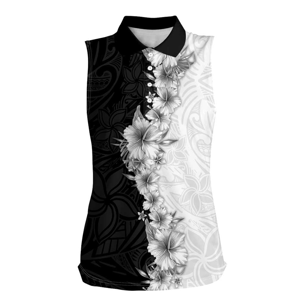 Hawaii Hibiscus Flowers Women Sleeveless Polo Shirt Grayscale Polynesian Pattern LT05 Female Black - Polynesian Pride