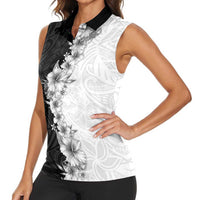 Hawaii Hibiscus Flowers Women Sleeveless Polo Shirt Grayscale Polynesian Pattern LT05 - Polynesian Pride