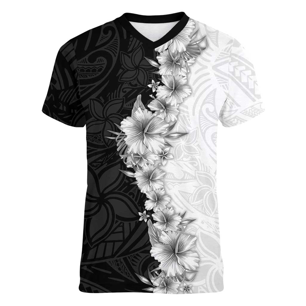 Hawaii Hibiscus Flowers Women V-Neck T-Shirt Grayscale Polynesian Pattern LT05 Female Black - Polynesian Pride