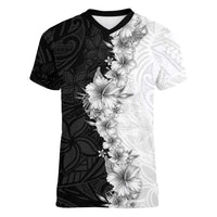Hawaii Hibiscus Flowers Women V-Neck T-Shirt Grayscale Polynesian Pattern LT05 Female Black - Polynesian Pride
