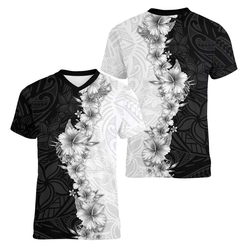 Hawaii Hibiscus Flowers Women V-Neck T-Shirt Grayscale Polynesian Pattern LT05 - Polynesian Pride