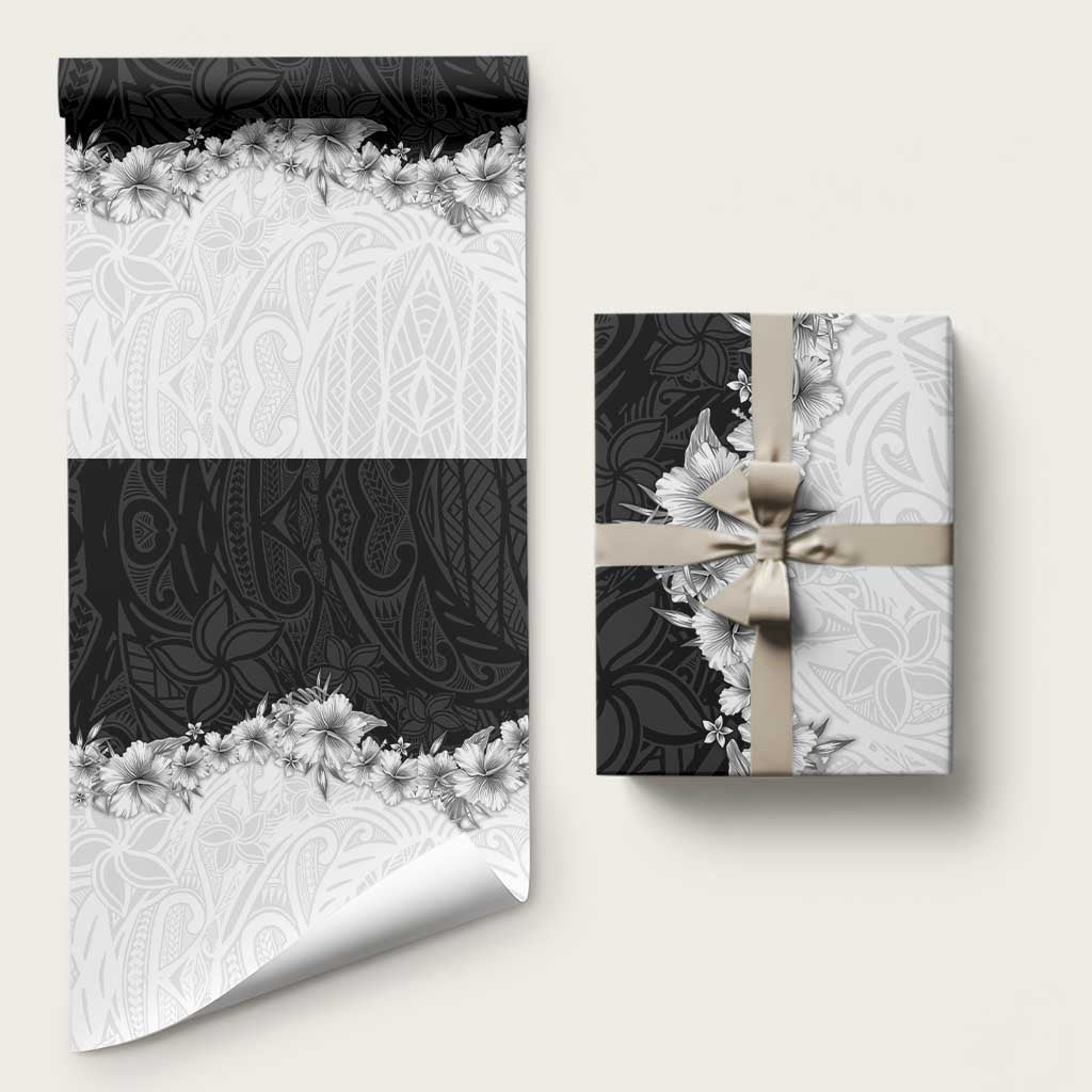 Hawaii Hibiscus Flowers Wrapping Paper Grayscale Polynesian Pattern LT05 58" × 23" Black - Polynesian Pride