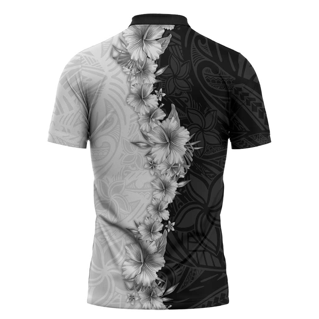 Hawaii Hibiscus Flowers Zipper Polo Shirt Grayscale Polynesian Pattern LT05 - Polynesian Pride