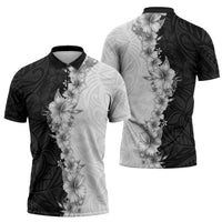 Hawaii Hibiscus Flowers Zipper Polo Shirt Grayscale Polynesian Pattern LT05 - Polynesian Pride