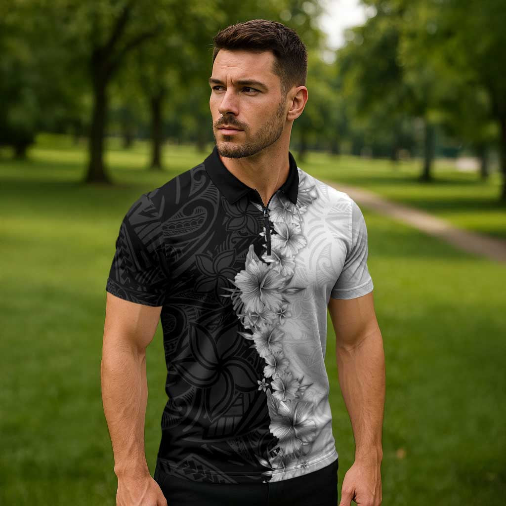 Hawaii Hibiscus Flowers Zipper Polo Shirt Grayscale Polynesian Pattern LT05 - Polynesian Pride