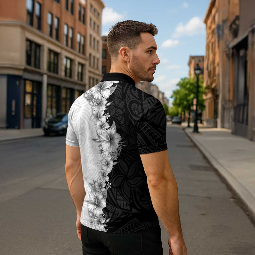 Hawaii Hibiscus Flowers Zipper Polo Shirt Grayscale Polynesian Pattern LT05 - Polynesian Pride