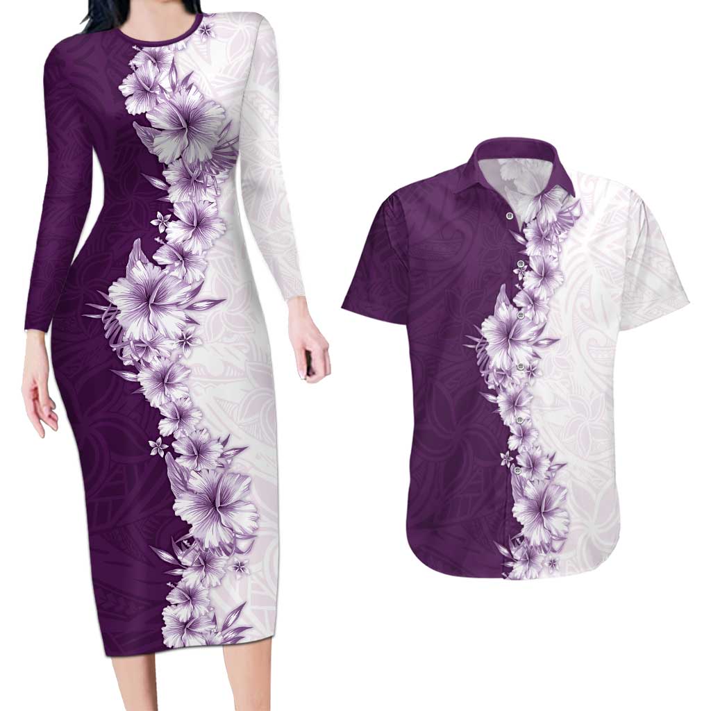 Hawaii Hibiscus Flowers Couples Matching Long Sleeve Bodycon Dress and Hawaiian Shirt Purple Polynesian Pattern LT05 Purple - Polynesian Pride
