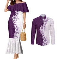 Hawaii Hibiscus Flowers Couples Matching Mermaid Dress and Long Sleeve Button Shirt Purple Polynesian Pattern
