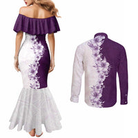 Hawaii Hibiscus Flowers Couples Matching Mermaid Dress and Long Sleeve Button Shirt Purple Polynesian Pattern