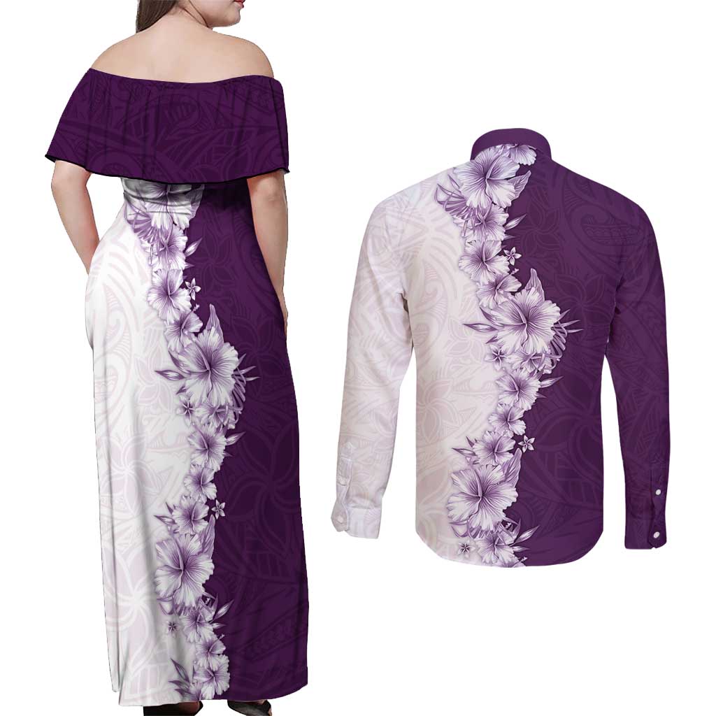 Hawaii Hibiscus Flowers Couples Matching Off Shoulder Maxi Dress and Long Sleeve Button Shirt Purple Polynesian Pattern LT05 - Polynesian Pride