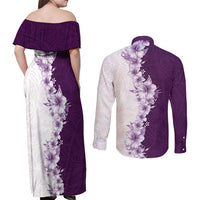 Hawaii Hibiscus Flowers Couples Matching Off Shoulder Maxi Dress and Long Sleeve Button Shirt Purple Polynesian Pattern LT05 - Polynesian Pride