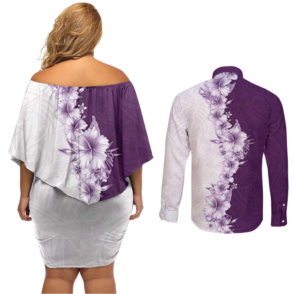 Hawaii Hibiscus Flowers Couples Matching Off Shoulder Short Dress and Long Sleeve Button Shirt Purple Polynesian Pattern LT05 - Polynesian Pride