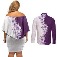 Hawaii Hibiscus Flowers Couples Matching Off Shoulder Short Dress and Long Sleeve Button Shirt Purple Polynesian Pattern LT05 - Polynesian Pride