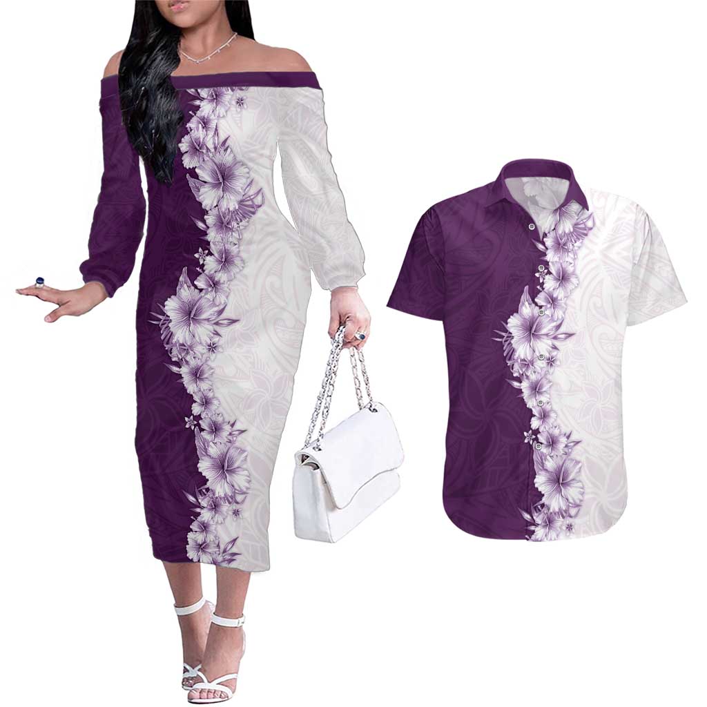 Hawaii Hibiscus Flowers Couples Matching Off The Shoulder Long Sleeve Dress and Hawaiian Shirt Purple Polynesian Pattern LT05 Purple - Polynesian Pride