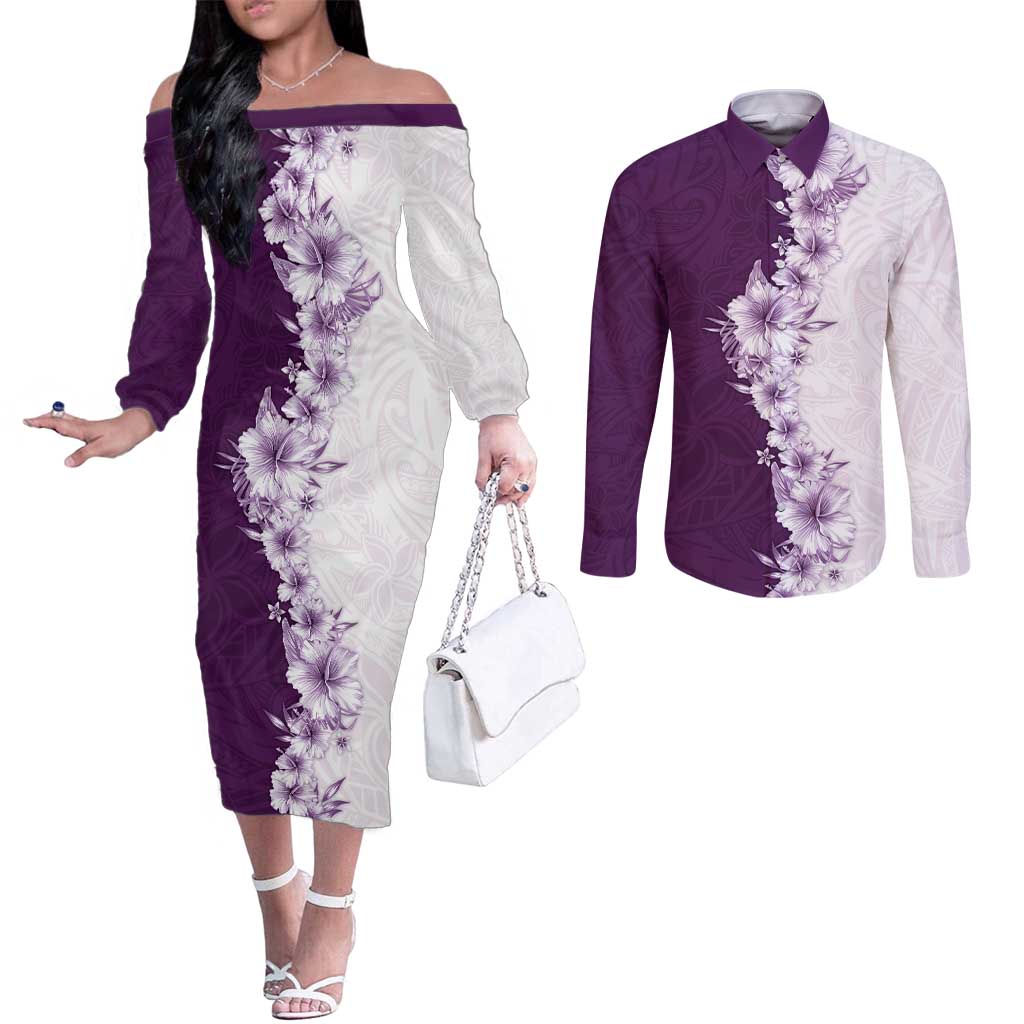 Hawaii Hibiscus Flowers Couples Matching Off The Shoulder Long Sleeve Dress and Long Sleeve Button Shirt Purple Polynesian Pattern LT05 Purple - Polynesian Pride