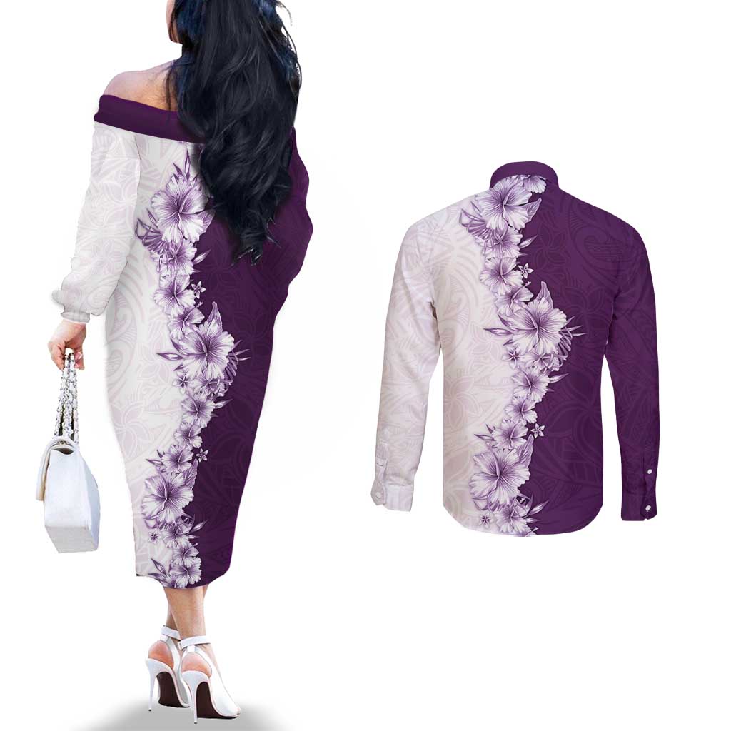 Hawaii Hibiscus Flowers Couples Matching Off The Shoulder Long Sleeve Dress and Long Sleeve Button Shirt Purple Polynesian Pattern LT05 - Polynesian Pride