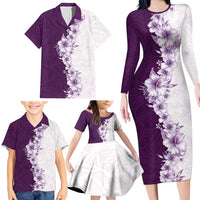 Hawaii Hibiscus Flowers Family Matching Long Sleeve Bodycon Dress and Hawaiian Shirt Purple Polynesian Pattern