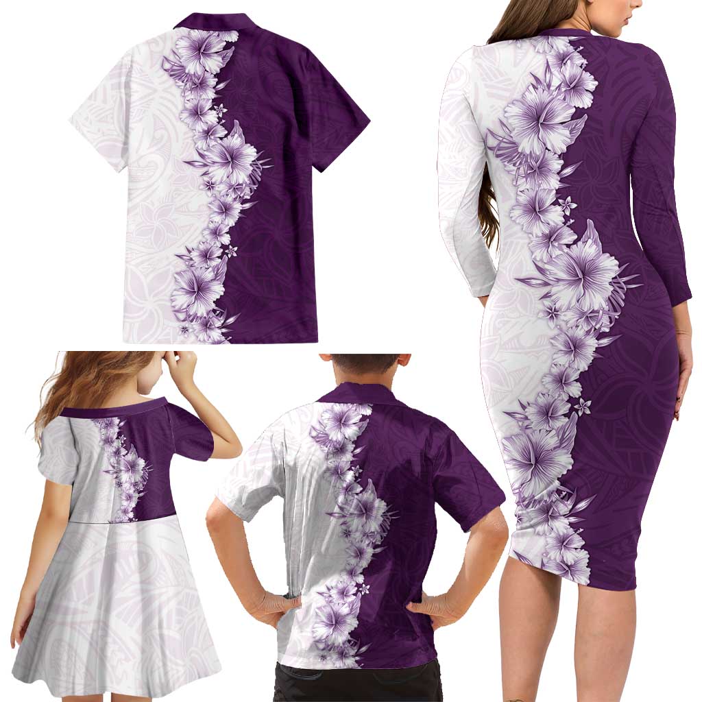 Hawaii Hibiscus Flowers Family Matching Long Sleeve Bodycon Dress and Hawaiian Shirt Purple Polynesian Pattern