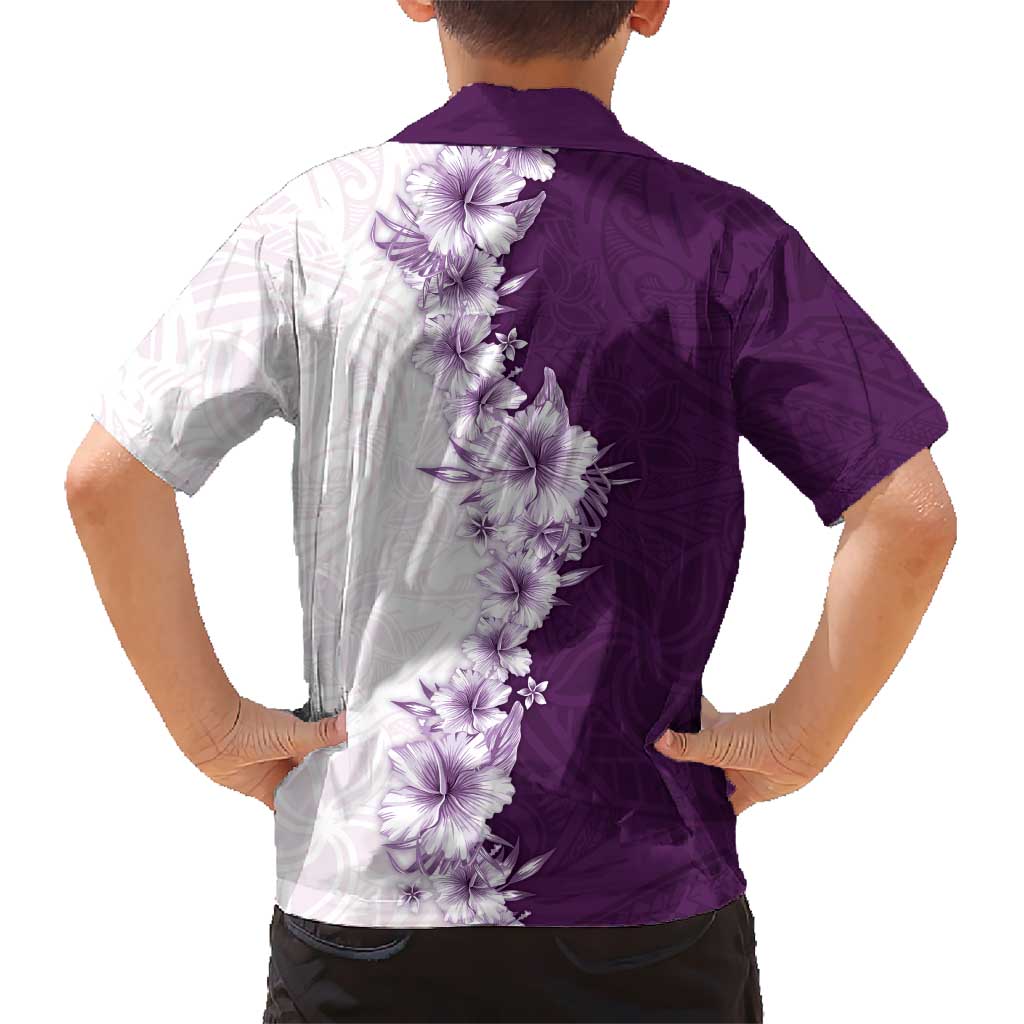 Hawaii Hibiscus Flowers Family Matching Off Shoulder Short Dress and Hawaiian Shirt Purple Polynesian Pattern