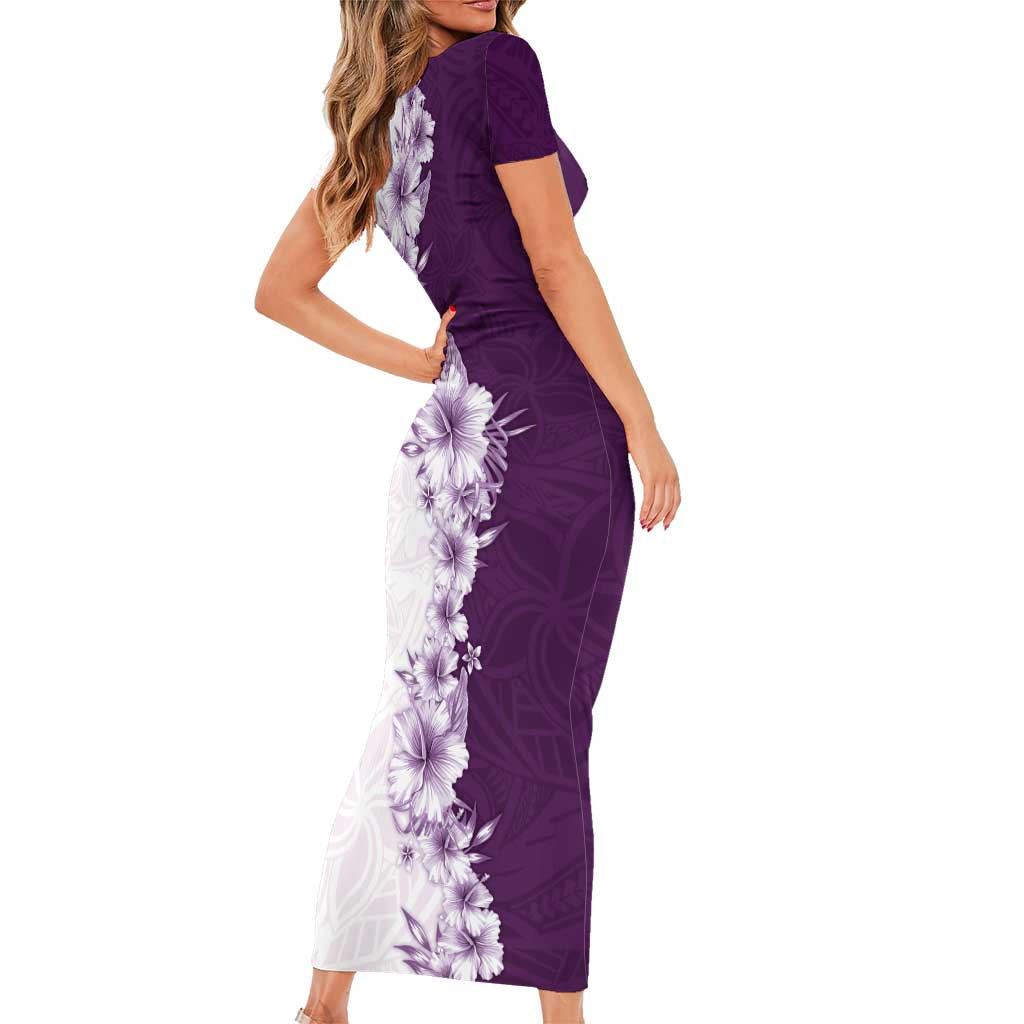 Hawaii Hibiscus Flowers Family Matching Short Sleeve Bodycon Dress and Hawaiian Shirt Purple Polynesian Pattern