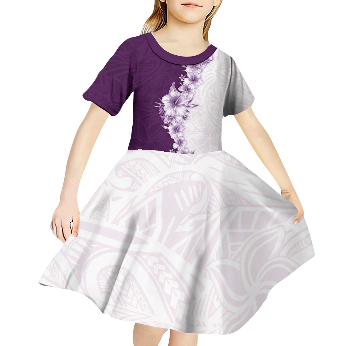 Hawaii Hibiscus Flowers Kid Short Sleeve Dress Purple Polynesian Pattern LT05 - Polynesian Pride