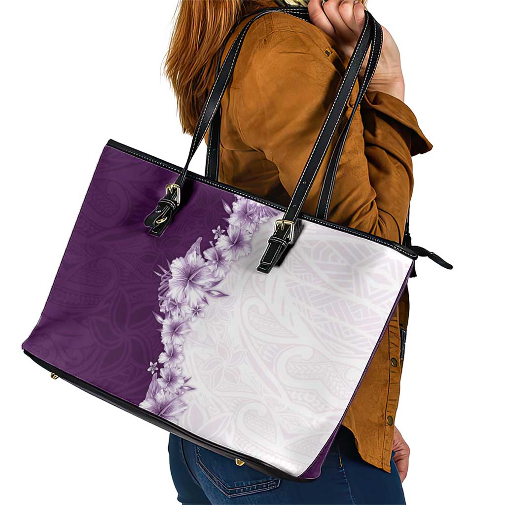 Hawaii Hibiscus Flowers Leather Tote Bag Purple Polynesian Pattern LT05 - Polynesian Pride