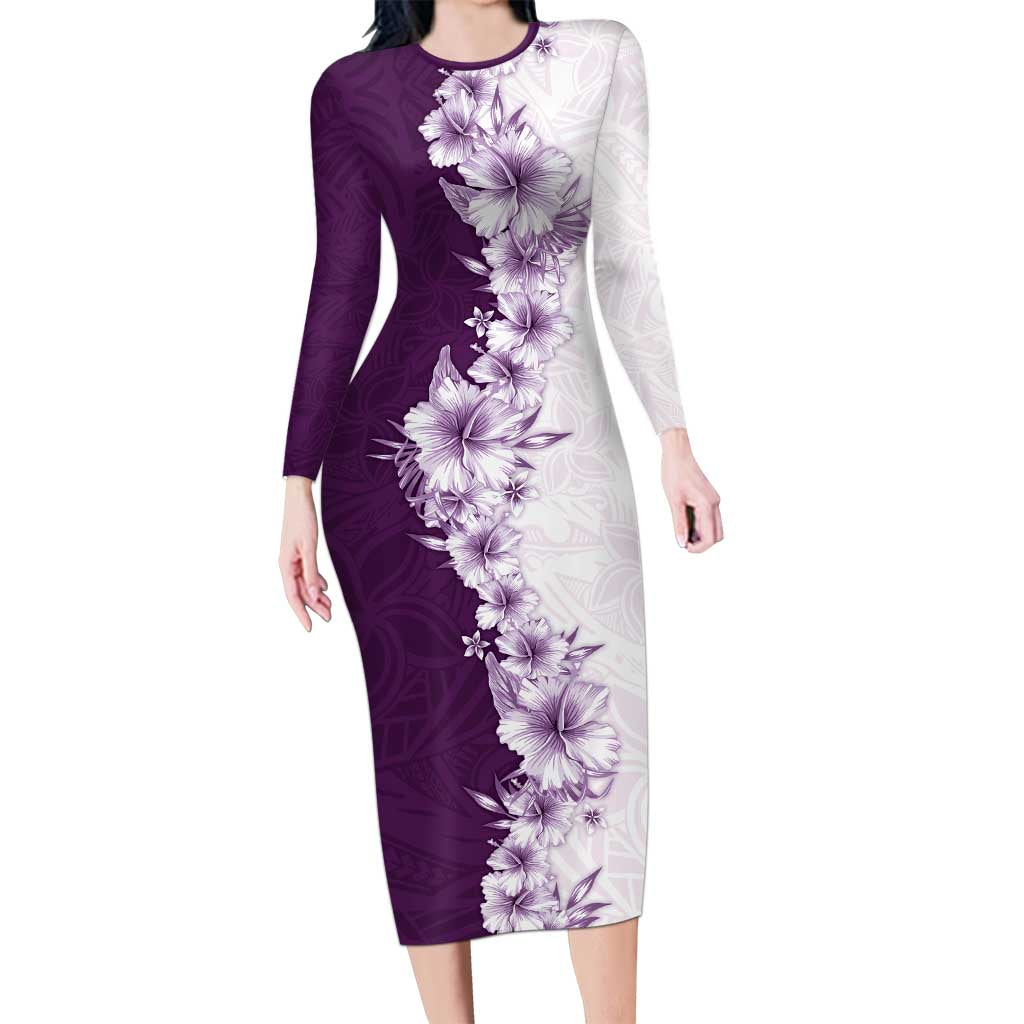 Hawaii Hibiscus Flowers Long Sleeve Bodycon Dress Purple Polynesian Pattern