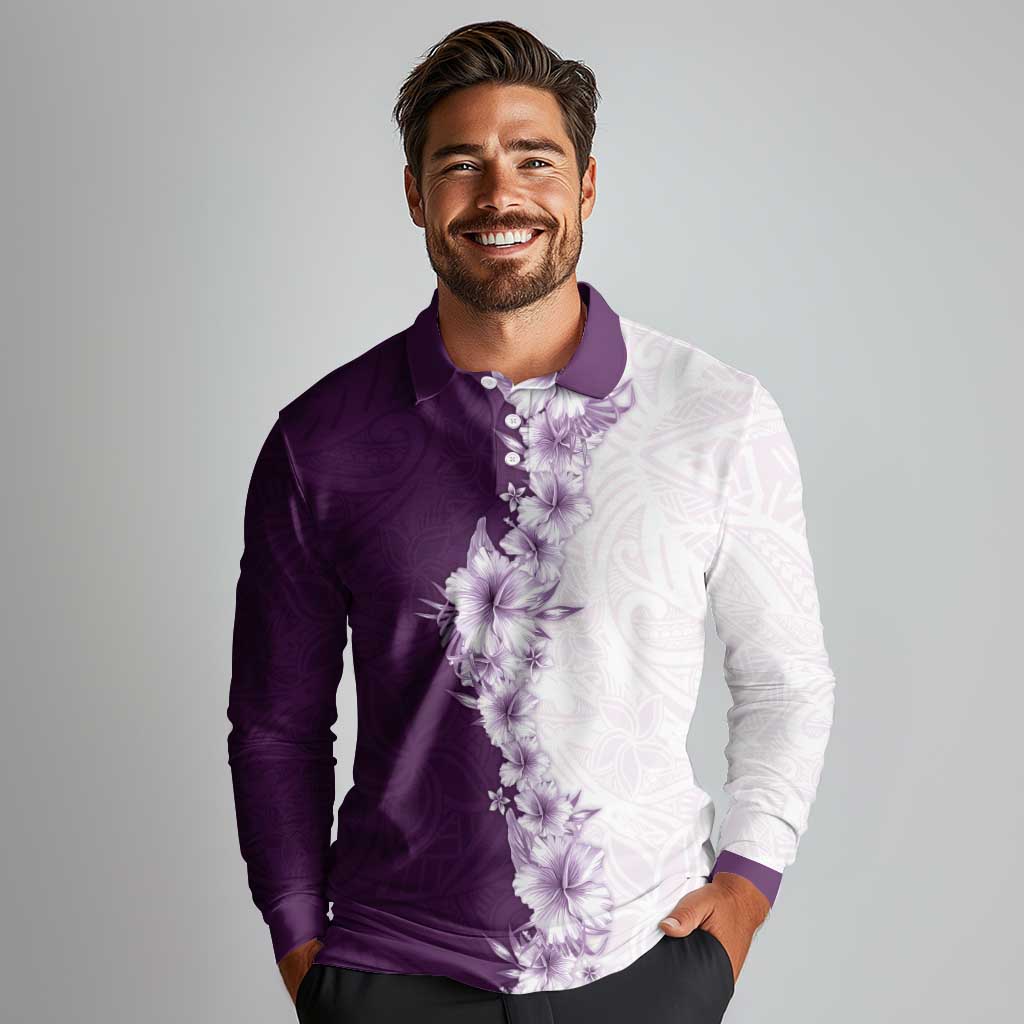 Hawaii Hibiscus Flowers Long Sleeve Polo Shirt Purple Polynesian Pattern LT05 - Polynesian Pride