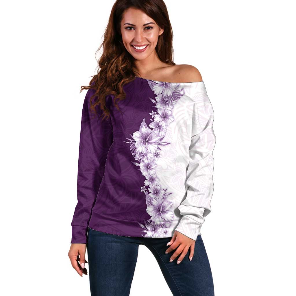 Hawaii Hibiscus Flowers Off Shoulder Sweater Purple Polynesian Pattern LT05 Women Purple - Polynesian Pride