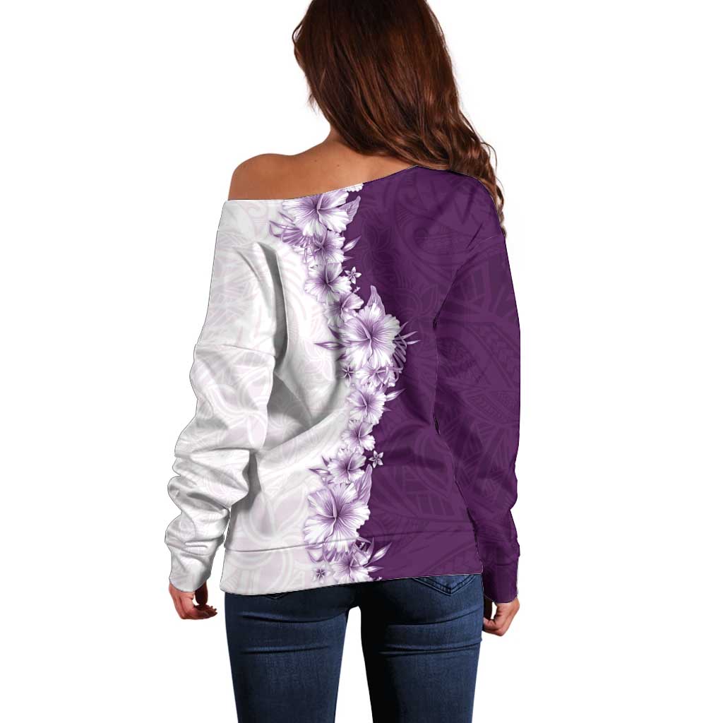 Hawaii Hibiscus Flowers Off Shoulder Sweater Purple Polynesian Pattern LT05 - Polynesian Pride