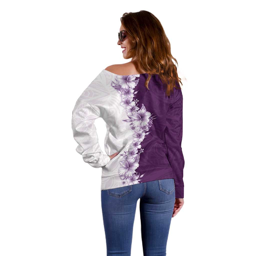 Hawaii Hibiscus Flowers Off Shoulder Sweater Purple Polynesian Pattern LT05 - Polynesian Pride