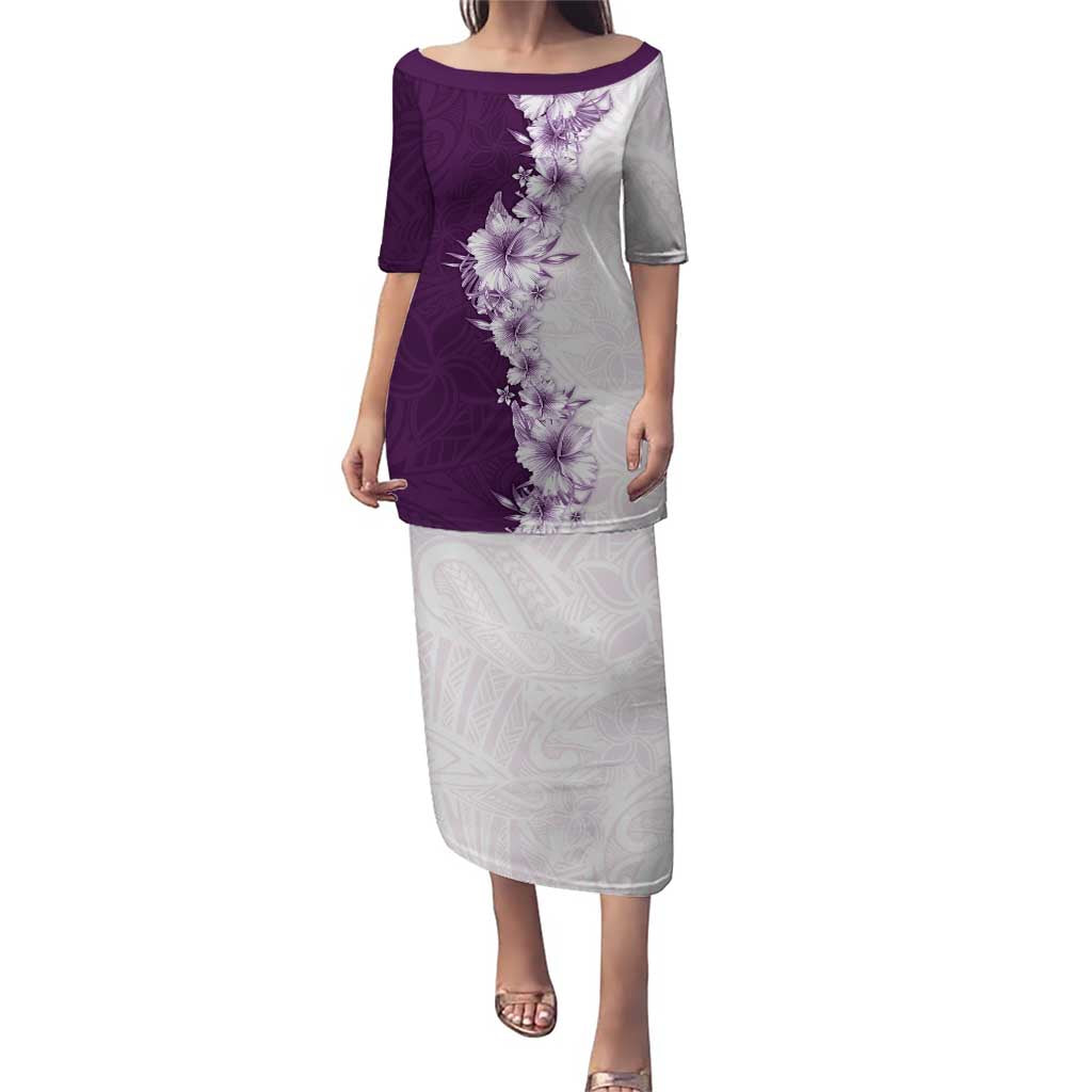 Hawaii Hibiscus Flowers Puletasi Purple Polynesian Pattern LT05 Long Dress Purple - Polynesian Pride