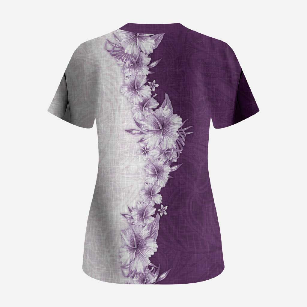 Hawaii Hibiscus Flowers Scrub Top Purple Polynesian Pattern LT05 - Polynesian Pride