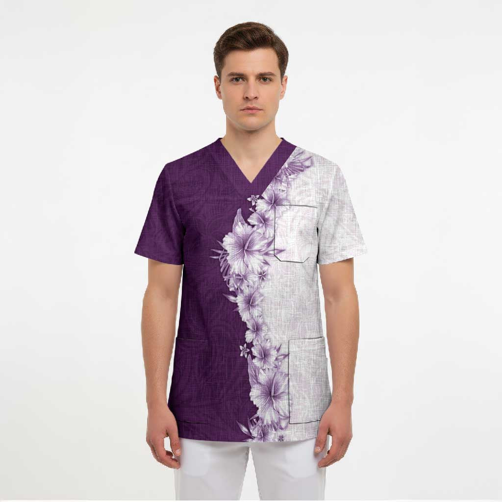 Hawaii Hibiscus Flowers Scrub Top Purple Polynesian Pattern LT05 - Polynesian Pride