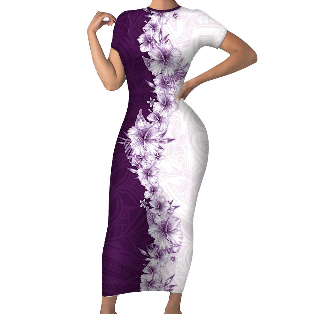Hawaii Hibiscus Flowers Short Sleeve Bodycon Dress Purple Polynesian Pattern LT05 Long Dress Purple - Polynesian Pride