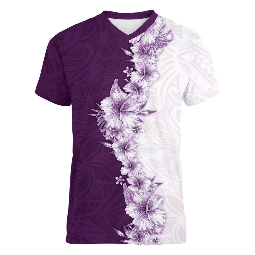 Hawaii Hibiscus Flowers Women V-Neck T-Shirt Purple Polynesian Pattern LT05 Female Purple - Polynesian Pride