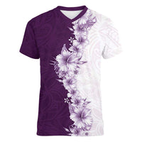 Hawaii Hibiscus Flowers Women V-Neck T-Shirt Purple Polynesian Pattern LT05 Female Purple - Polynesian Pride