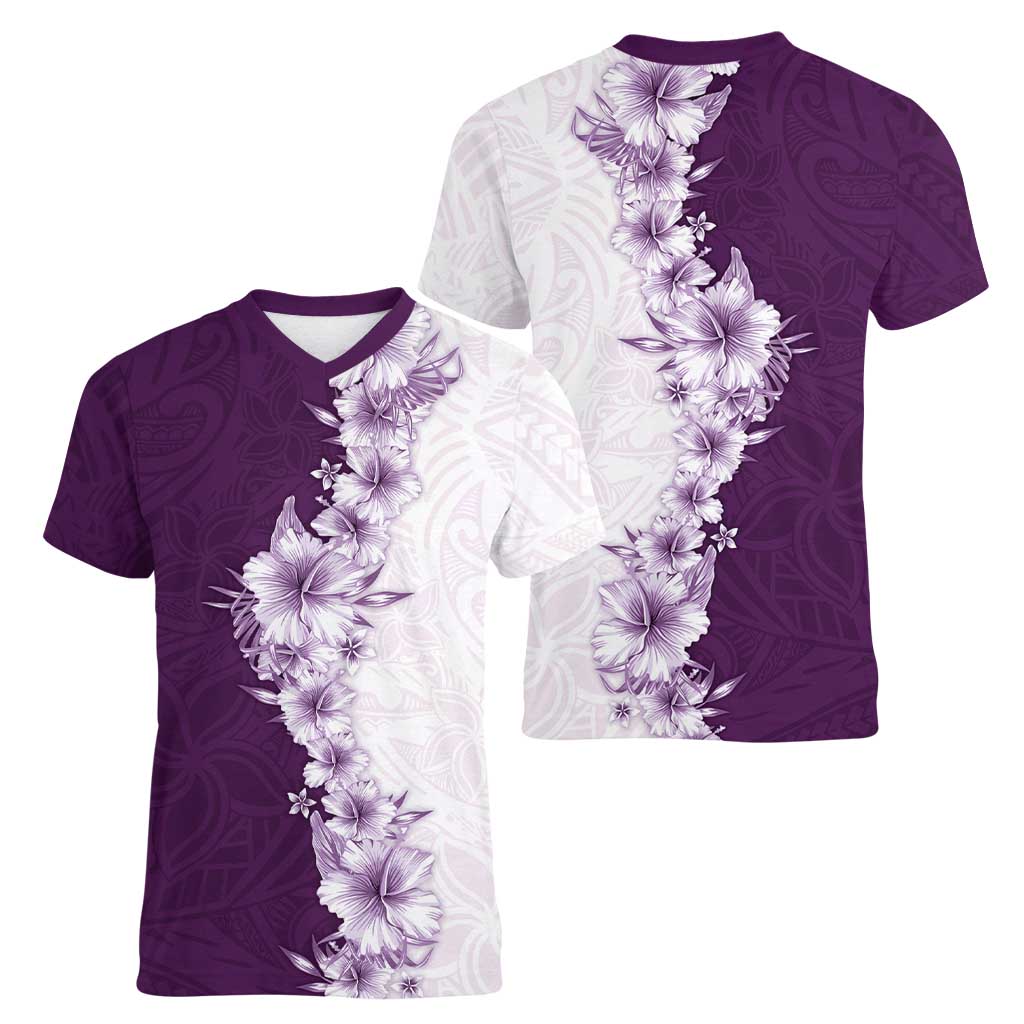 Hawaii Hibiscus Flowers Women V-Neck T-Shirt Purple Polynesian Pattern LT05 - Polynesian Pride
