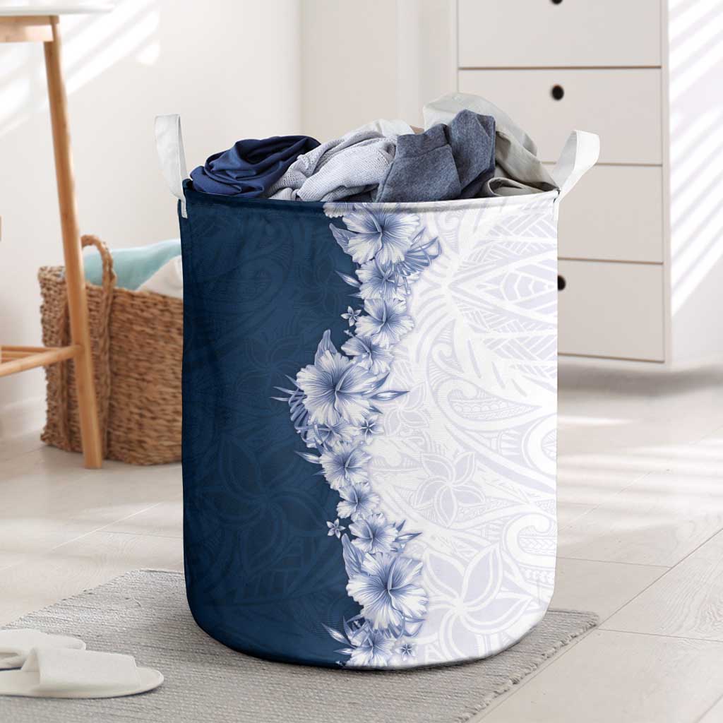Hawaii Hibiscus Flowers Laundry Basket Blue Polynesian Pattern