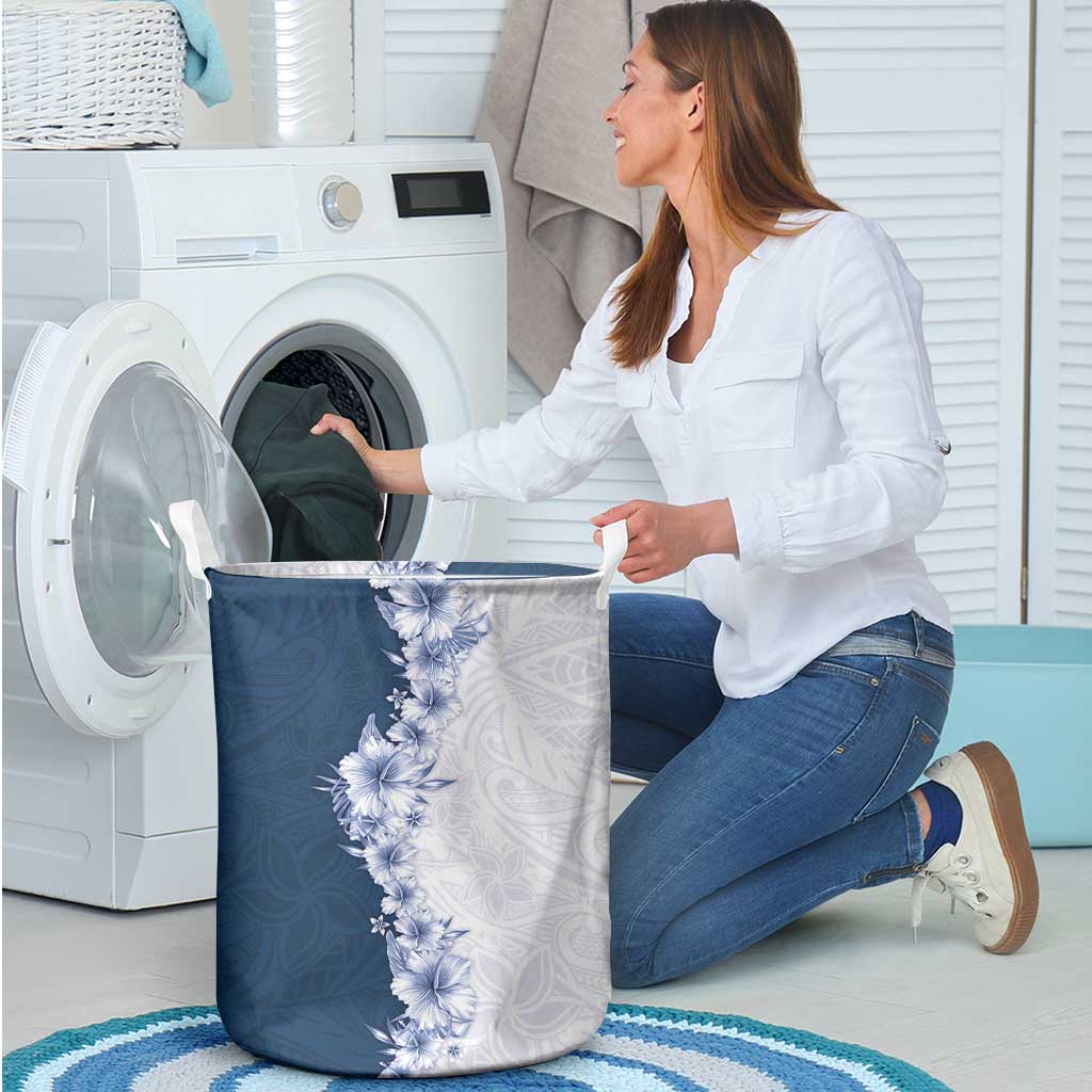 Hawaii Hibiscus Flowers Laundry Basket Blue Polynesian Pattern