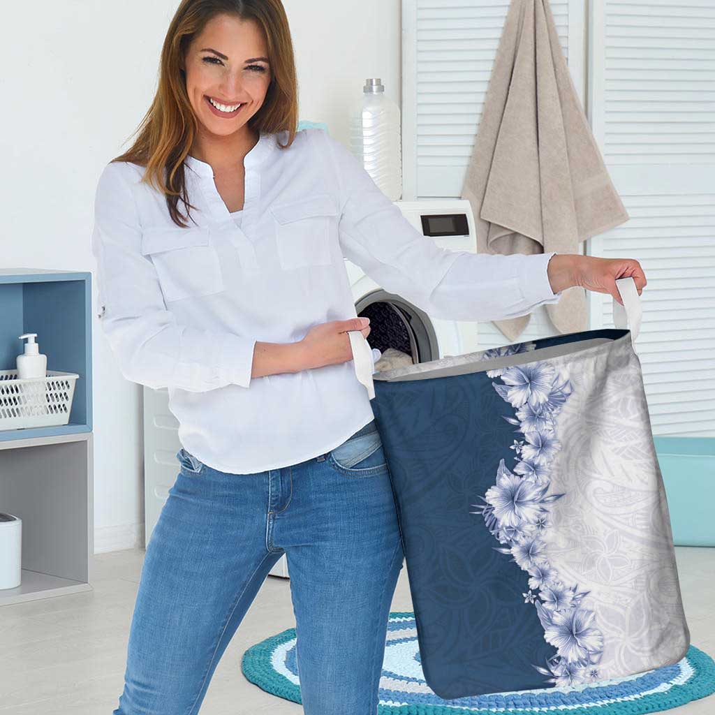 Hawaii Hibiscus Flowers Laundry Basket Blue Polynesian Pattern