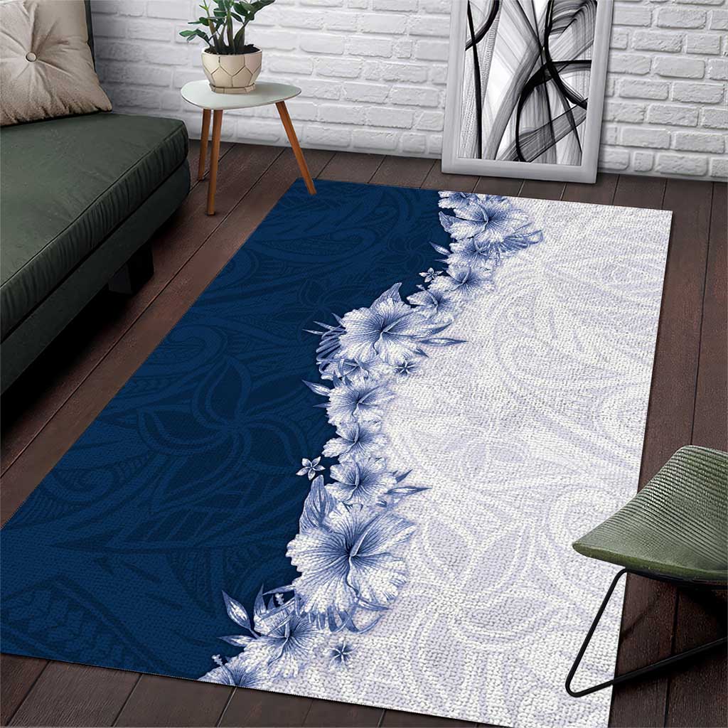 Hawaii Hibiscus Flowers Area Rug Blue Polynesian Pattern