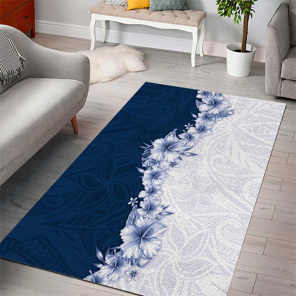 Hawaii Hibiscus Flowers Area Rug Blue Polynesian Pattern