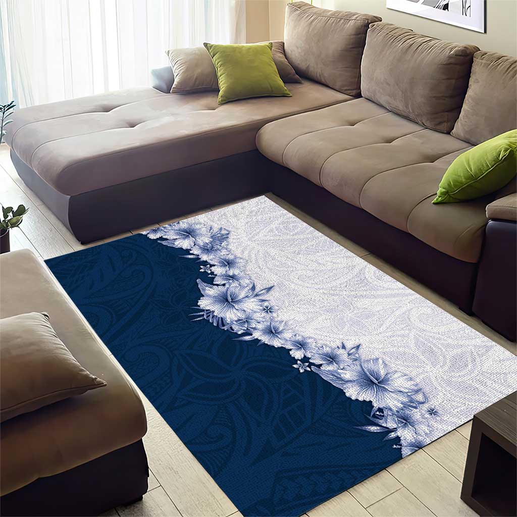 Hawaii Hibiscus Flowers Area Rug Blue Polynesian Pattern