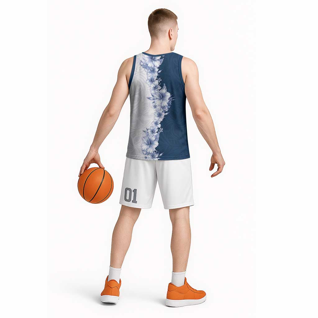 Hawaii Hibiscus Flowers Basketball Jersey Blue Polynesian Pattern LT05 - Polynesian Pride
